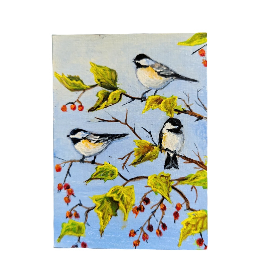 ACEO Original wildlife painting Chickadees in cherry tree Richard D. Heffron